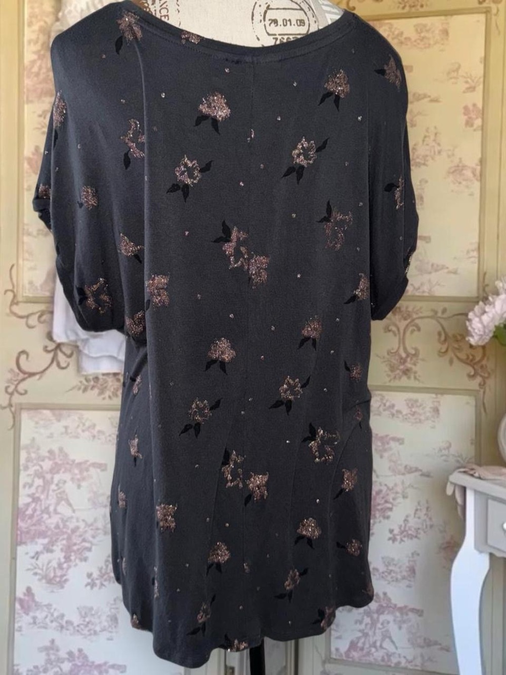 APT 9 Large Charcoal Floral Metallic Shimmer Blouse Top Y2K Romantic Rose Gold